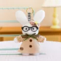 Cute white plush rabbit keychain wearing round glasses and a khaki dress with a bow - Beige Floppy-Eared Rabbit