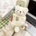 Adorable white plush bear keychain pendant featuring a small bear-print fabric pouch - Teddy Bear