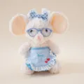 Adorable cream plush mouse doll wearing blue glasses and a cute striped lace apron - 15cm Size / Milky White