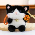 Cute black and white lucky cat plush doll pendant with bell and coin, soft new year gift. - Black