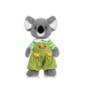 Cute gray plush koala toy wearing a green striped shirt and dinosaur overalls for kids - 45 cm / Dress-up Koala