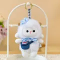 Cute white sheep plush keychain featuring a blue bow tie and denim bag accessory - Denim Bag Style / 13cm