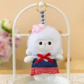 Pastoral style lamb plush keychain mascot wearing a blue denim dress with a red bow. - Denim Red Plaid Style / 13cm