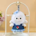 Plush sheep keychain pendant wearing a blue denim dress with mushroom embroidery - Denim Blue Plaid Style / 13cm