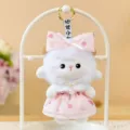 Adorable white plush lamb keychain featuring a pink polka dot dress and matching bow tie - Tube Top Style (Pink) / 13cm