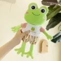 Adorable green summer frog plush doll wearing an emotion t-shirt and striped shorts - 35cm / Pink Sleeves