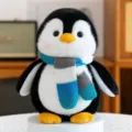 Adorable penguin plush toy animal soft doll wearing a blue and grey striped knitted scarf - Penguin / Penguin Blue Scarf