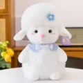 Adorable white curly sheep plush doll featuring a blue collar and elegant lace bow - 40CM / Blue Flower