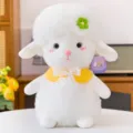 Cute white curly sheep plush toy with yellow collar and green flower decoration. - 40CM / Green Flower