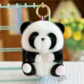 Cute spherical panda plush toy keychain with gold ring and striped ribbon loop - 13cm / Panda