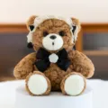 Süßer brauner Plüschbär mit Spitzenhaube und schwarzer Fliege, weiches Stofftier Geschenk - 15cm / Black camellia bow style