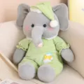 Adorable soft gray elephant plush toy wearing green pajamas and sleeping cap for kids - Dreamy Elephant