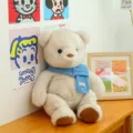 Cuddly white teddy bear plush toy wearing a blue knitted scarf for nursery decor - Blue Scarf Style / 45 cm