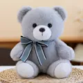 Cute 8-inch grey plush teddy bear toy featuring a stylish teal ribbon bow decoration - Ribbon Style / Gray