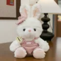 Adorable white fluffy bunny plush toy wearing pink corduroy overalls and matching bow tie - White Rabbit / 30cm / Pink