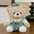 Adorable artistic beige teddy bear plush toy wearing teal corduroy overalls and beret - Beige Teddy Bear / 30cm / Blue