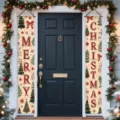 Christmas porch banners featuring festive trees and bows hanging by a dark front door - Christmas Tree Style (SDL-002) / 30x150cm
