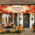 Welcome Fall outdoor banner for Thanksgiving porch decor with pumpkin and maple leaves - Welcome Fall Style (SHF-008)