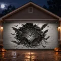 Halloween garage door banner creepy bats breaking brick wall outdoor holiday decor - White Wall Bats Moon (CK-004) / 400x180cm