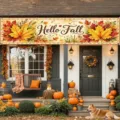 Large outdoor Thanksgiving banner featuring Hello Fall text with maple leaves and pumpkins - Autumn Greeting Style (SHF-015)