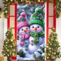 Festive Christmas door banner decoration featuring two cute snowmen in a snowy winter scene - 90x180cm / Pink and Green Snowmen (ML-015)