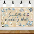Fondo decorativo para boda en la playa con diseño de acuarela de conchas y campanas - SBJ-001 / 95x75cm