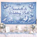 Pancarta de fondo azul para boda en la playa con conchas y campanas para fiesta de fotos - SBJ-002 / 95x75cm