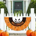 Halloween pleated fan flag with spooky face and spider web for outdoor fence decor - Evil Pumpkin (SXQ-004) / 37.5x75cm / Orange Black