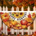 Happy Harvest Halbkreis-Banner mit Kürbissen und Sonnenblumen für die herbstliche Gartendeko - Sonnenblume Kürbis Stil (SXQ-008) / 37.5x75cm