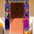 Dia de los Muertos door banner Halloween hanging decoration porch sign festive party 2pcs - Purple Skull Couple Style (SDL-002) / 30x150cm