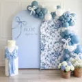 Elegant wedding arch backdrop with blue floral patterns and romantic bow design - Bow Floral Style (SGX-001) / 2-Piece Set (100x200cm & 120x220cm) / Polyester