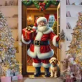 Bannière de porte de Noël festive avec le Père Noël et un chiot dans une pièce chaleureuse. - 90x180cm / Père Noël et Golden Retriever (ML-001)