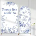 Blue floral arch backdrop covers with Something Blue Before I Do text for wedding - Chinoiserie Floral Style (SGX-004) / 2-Piece Set (100x200cm & 120x220cm) / Polyester