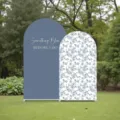 Elegant blue wedding arch backdrop set with floral patterns and Something Blue text - Something Blue Script Style (SGX-002) / 2-Piece Set (100x200cm & 120x220cm) / Polyester