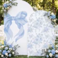 Wedding arch backdrop covers with blue bow and floral patterns in outdoor setting - Large Bow Blue Floral Style (SGX-003) / 2-Piece Set (100x200cm & 120x220cm) / Polyester