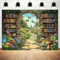 Toile de fond conte de fées avec arche de fleurs et chemin de pierre pour anniversaire - Pays des Contes de Fées (SBJ-003) / 95x75cm