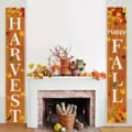 Erntedankfest-Türbanner-Set mit dekorativem vertikalem Text 'HARVEST' und 'Happy FALL' - Holzmaserung Kürbis Granatapfel (SDL-005)