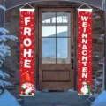 Festive red Frohe Weihnachten outdoor Christmas door banners with gnome and snowman - German Merry Christmas (SDL-007)