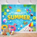 Fondo vibrante de fiesta de verano en la piscina con flamenco rosa y texto hello summer - Flamenco Tropical Hibisco (SBJ-002) / 95x75cm