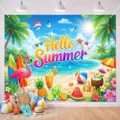 Fondo fotográfico de playa tropical con flamenco, hibisco y texto Hello Summer. - Estilo SBJ-003 / 95x75cm