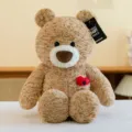 Soft brown curly fur teddy bear plush toy with red heart embroidery detail for gifts - Tan / 35cm