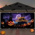 Pancarta de puerta de garaje de Halloween con gato negro, calabazas y castillo gótico. - Gato Negro y Calabaza (CK-011) / 400x180cm