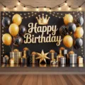 Schwarz-goldener Happy Birthday Hintergrund mit Krone und Ballons für die Party - SBJ-001 Stil / 95x75cm