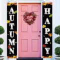 Erntedankfest-Türbanner mit 'Autumn Happy'-Text und lebhaftem Ahornblatt-Design - Schwarzes Herbst-Ahornblatt (SDL-009)