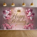 Rosa Happy Birthday Hintergrund mit goldener Krone und Herzballons für Party-Deko - Pink Goldene Krone Party Stil (SBJ-002) / 95x75cm
