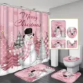 4-piece pink Christmas snowman bathroom set with shower curtain and mats - Single Shower Curtain 90x180cm / YL-003 (Pink Hat Snowman)