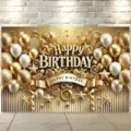 Eleganter gold-weißer Ballon Happy Birthday Fotohintergrund für Party Dekoration - Schwarz Gold Geburtstagshintergrund (SBJ-004) / 95x75cm