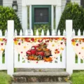 Dekoratives Herbst Ernte Halbkreis Banner mit rotem LKW und Kürbismuster für den Gartenzaun - Vintage Lkw Kürbis Stil (SXQ-007) / 37.5x75cm