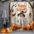Cute ghost and pumpkin Halloween themed decorative shower curtain for home bathroom - Single Shower Curtain 90x180cm / Witch Hat Ghost Style (YL-008)