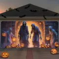 Gran pancarta para puerta de garaje de Halloween con segadores espeluznantes y calabazas - Estilo de segador fantasma y calabaza de Halloween (CK-012) / 150x100cm